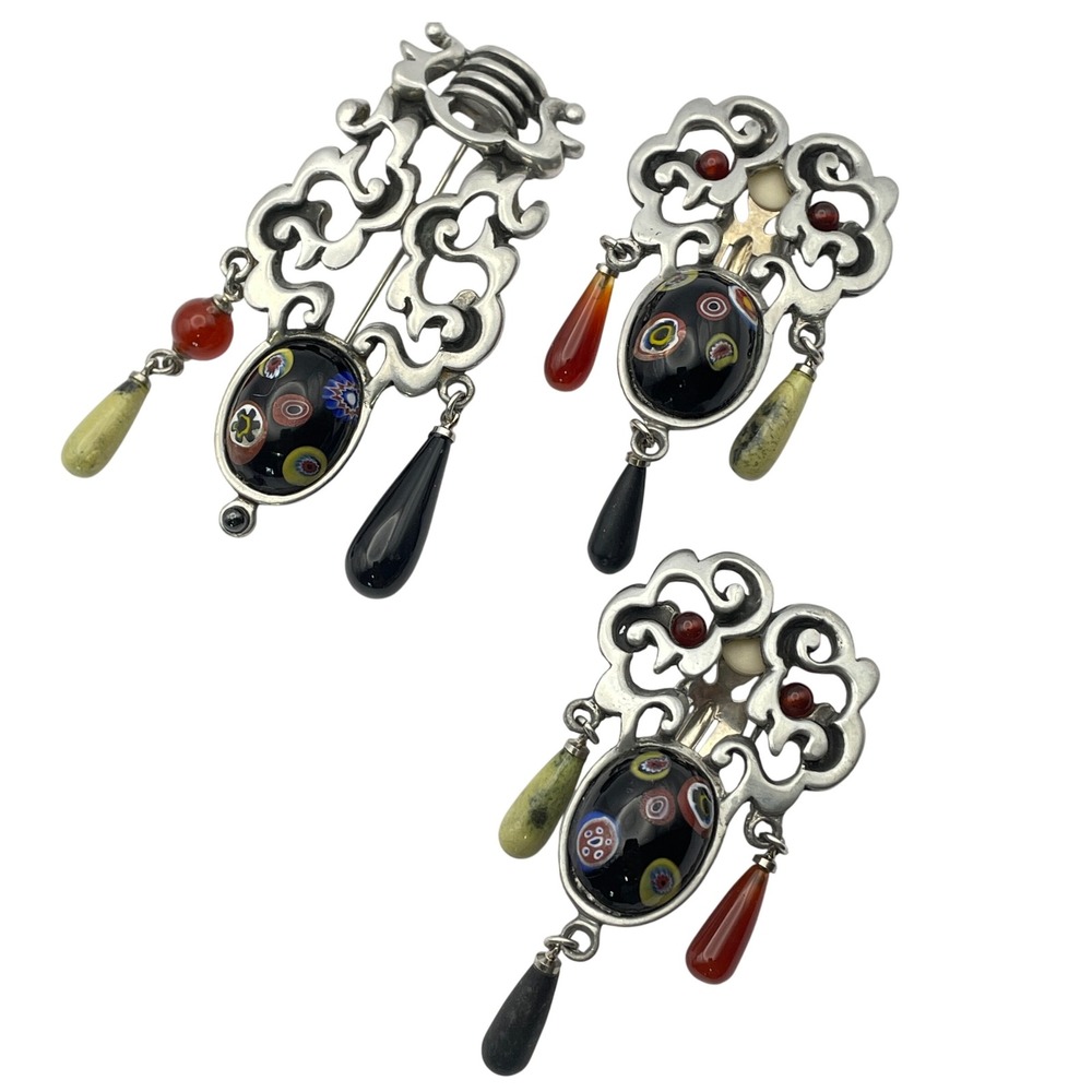 Vintage Modernist Millefiori Brooch and Clip On Earring Set Statement Jewelry